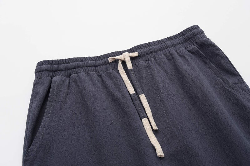 SIR7 Men's Linen Casual Classic Fit 11 Inch Inseam Elastic Waist Shorts with Drawstring Grey Large - Image 3